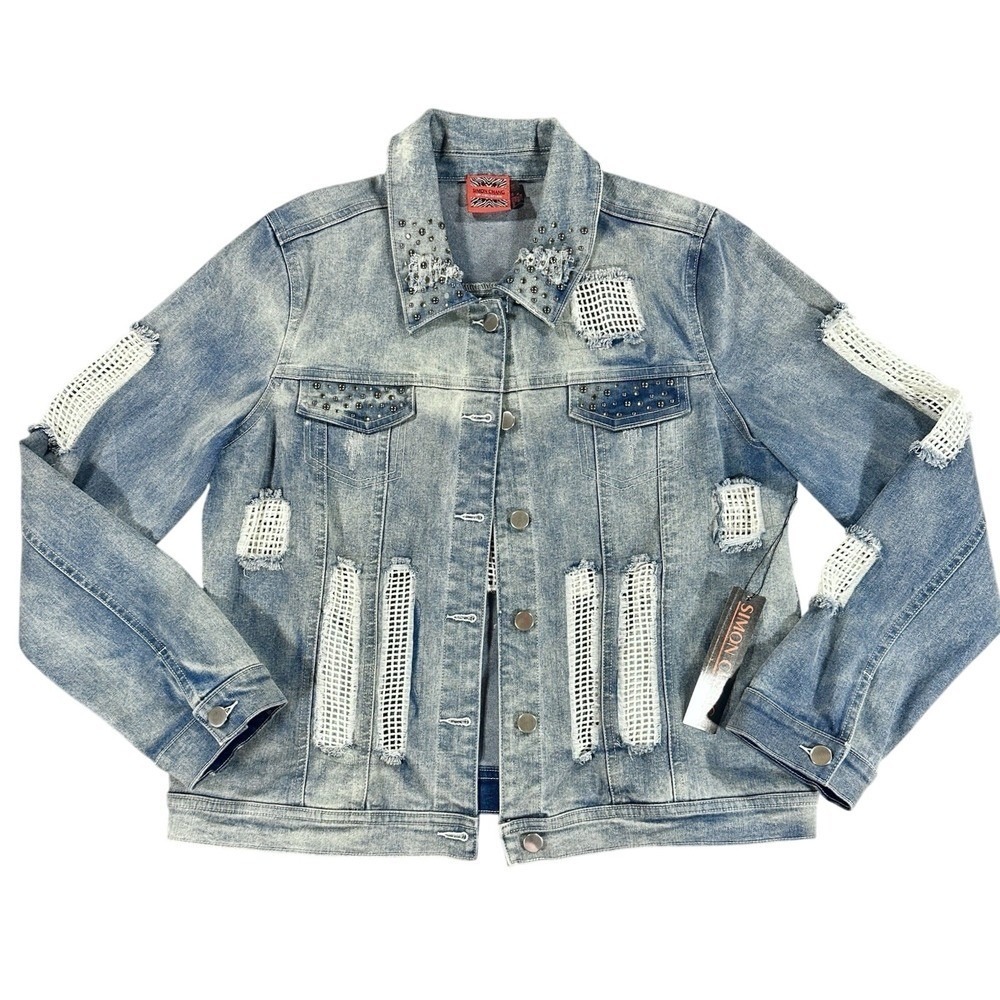 NEW Distressed Jean Jacket Womens 14 NWT $235 Plus Denim Concert Rock Riveted